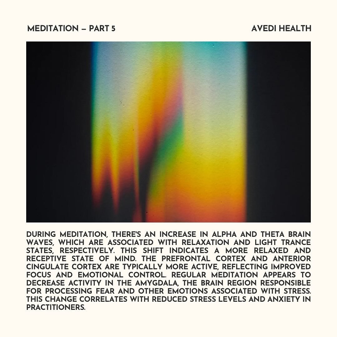 Meditation &mdash; Part 5 

During meditation, there&rsquo;s an increase in alpha and theta brain waves, which are associated with relaxation and light trance states, respectively. This shift indicates a more relaxed and receptive state of mind. The 