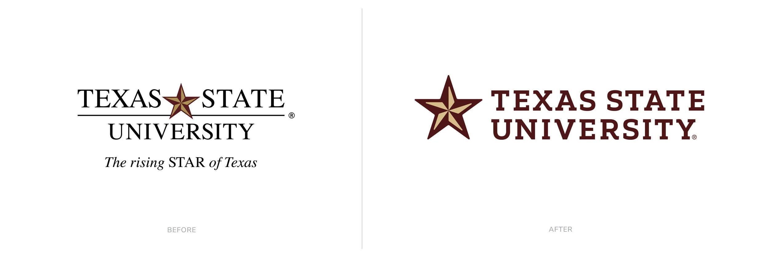 Texas State University logo system redesign showing updated institutional branding and visual identity framework