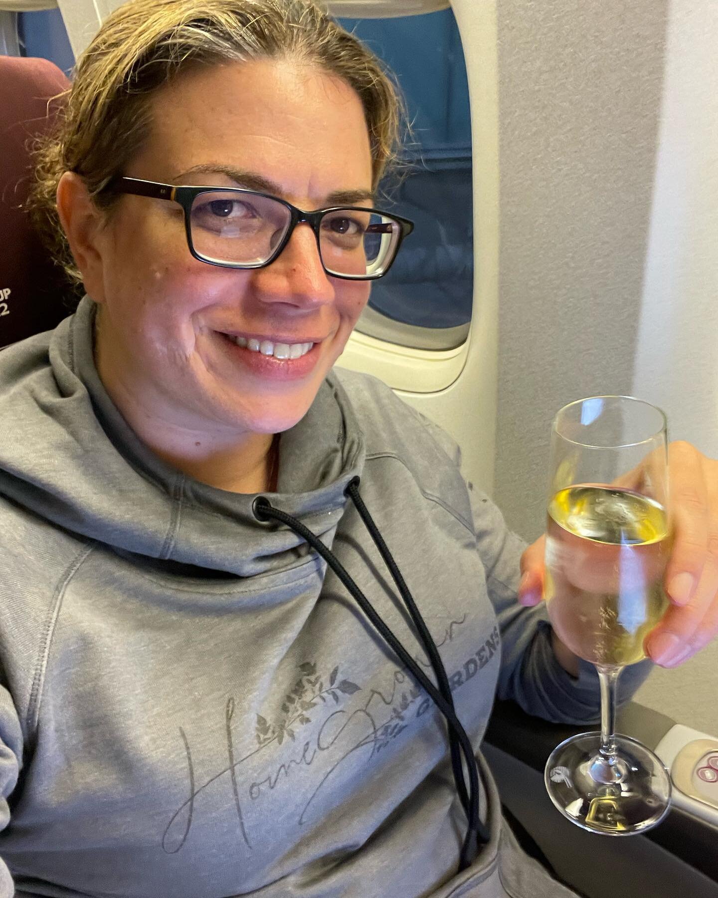 It&rsquo;s 96 degrees in Doha but this plane is the perfect temperature for my amazing new @homegrowngardenschicago hoodie 🥂