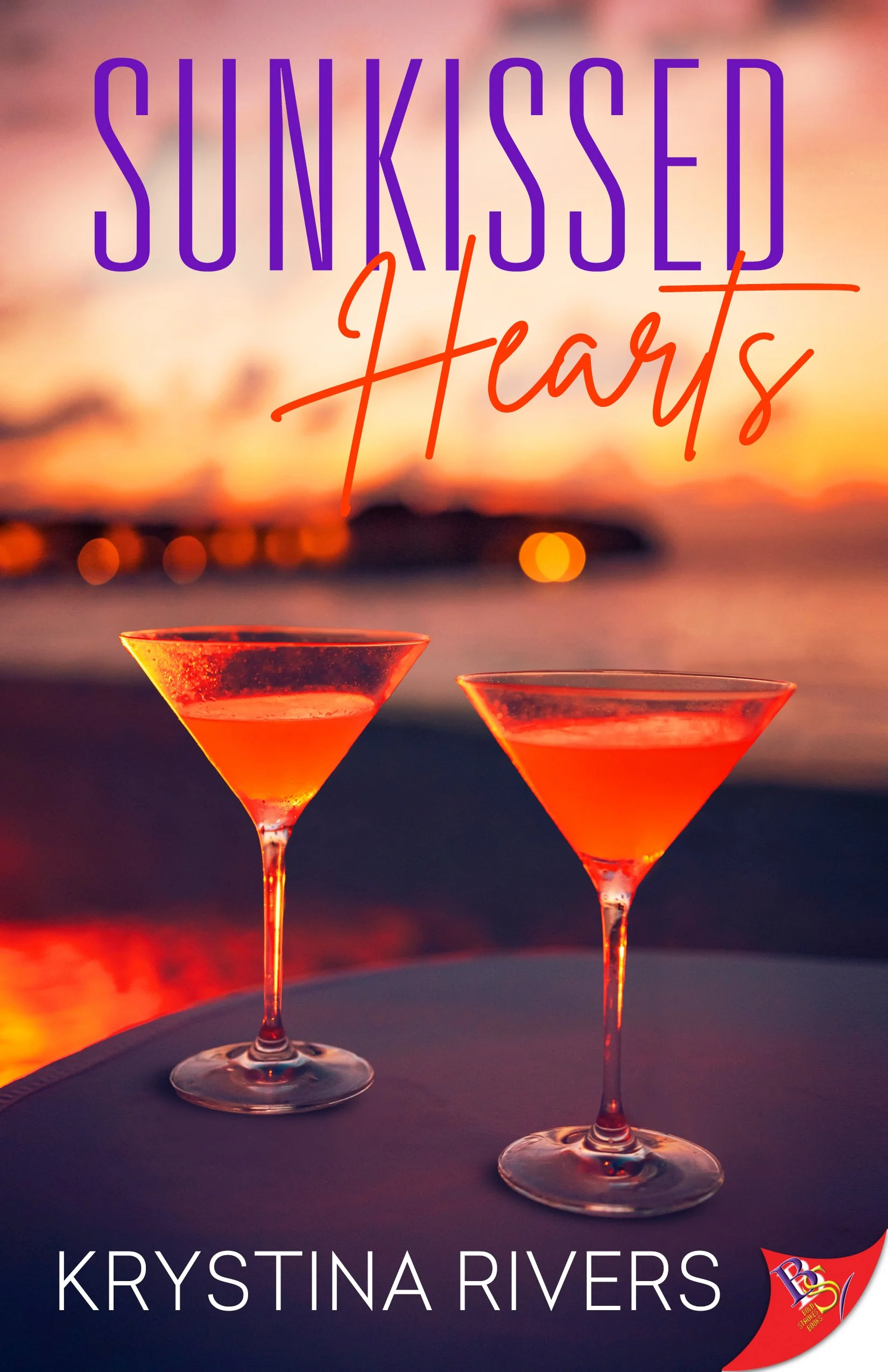 Book cover titled "Sunkissed Hearts" by Krystina Rivers. The cover features two cocktail glasses with red drinks against a sunset background over water, with the author's name at the bottom.