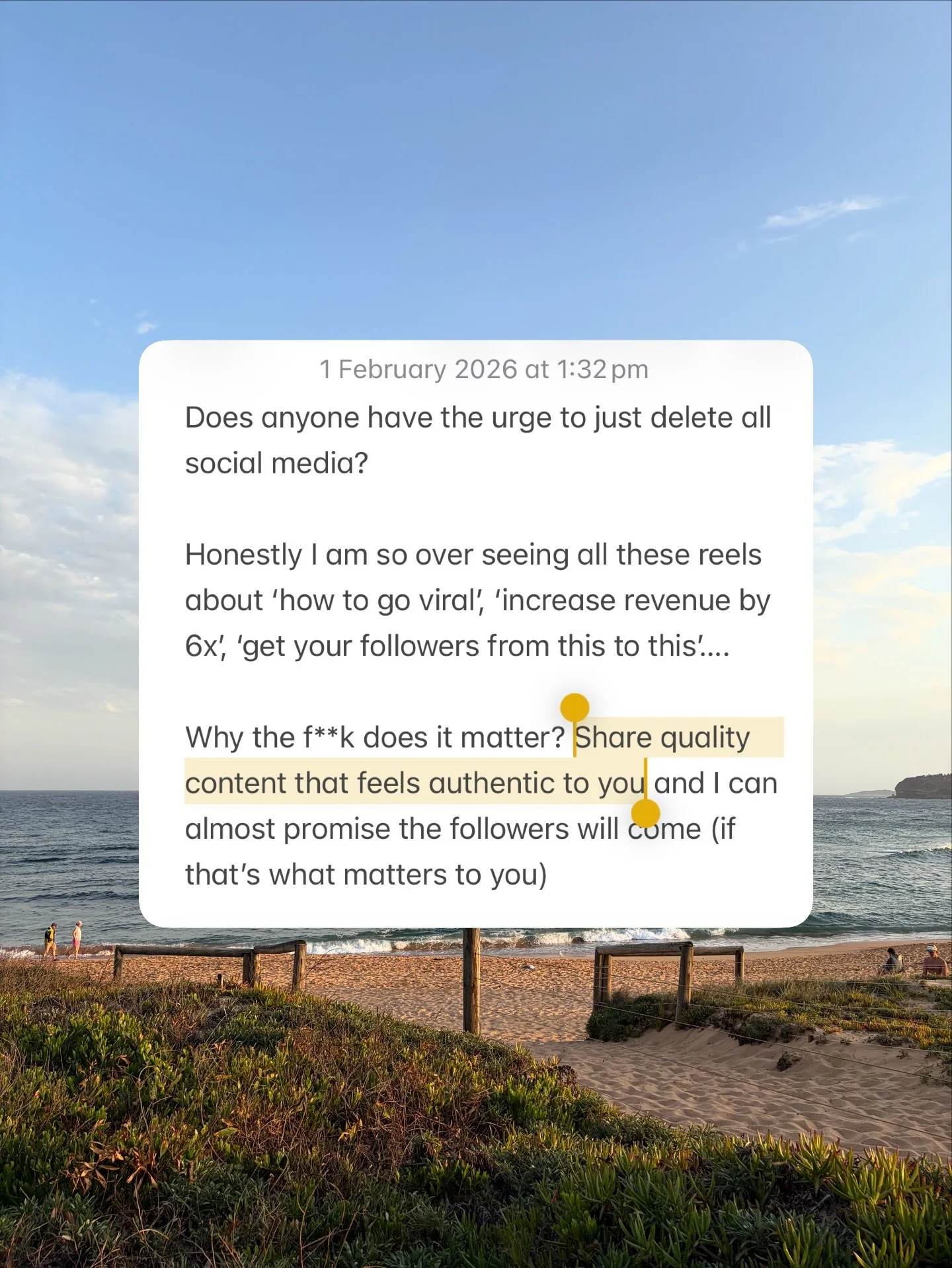 My Sunday arvo rant in my notes 😬 thought I may as well share with you all 🫶🏼 

I&rsquo;m honestly so tired of the noise. The &ldquo;go viral&rdquo; reels. The &ldquo;6x your revenue&rdquo; promises. The constant obsession with follower counts.

W