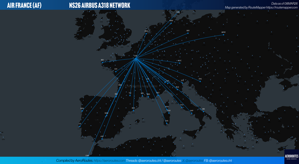 Air France NS26 Airbus A318 Route Map – 08MAR26