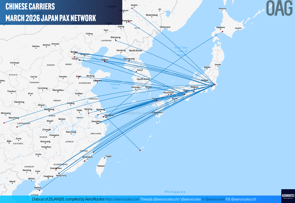 Chinese Carriers Feb/Mar 2026 Slashes Over 60% Japan Flights – 25JAN26 Update
