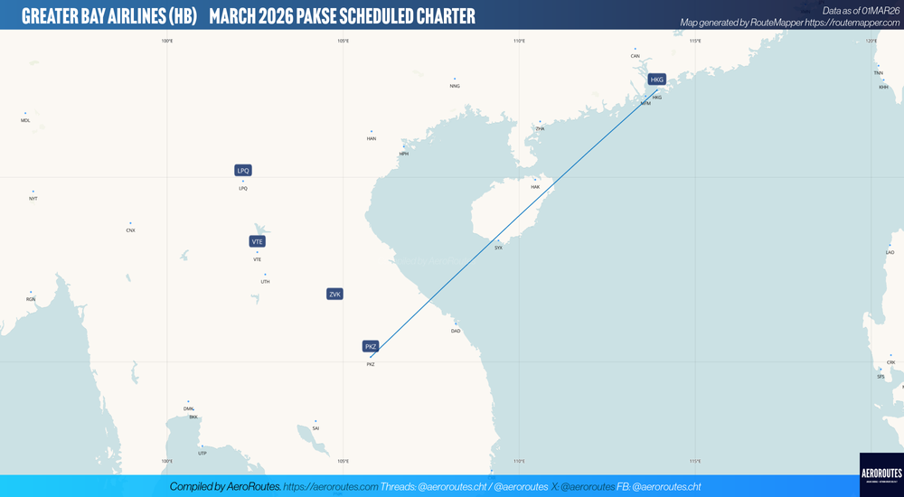 Greater Bay Airlines Files Hong Kong – Pakse Schedule in March 2026