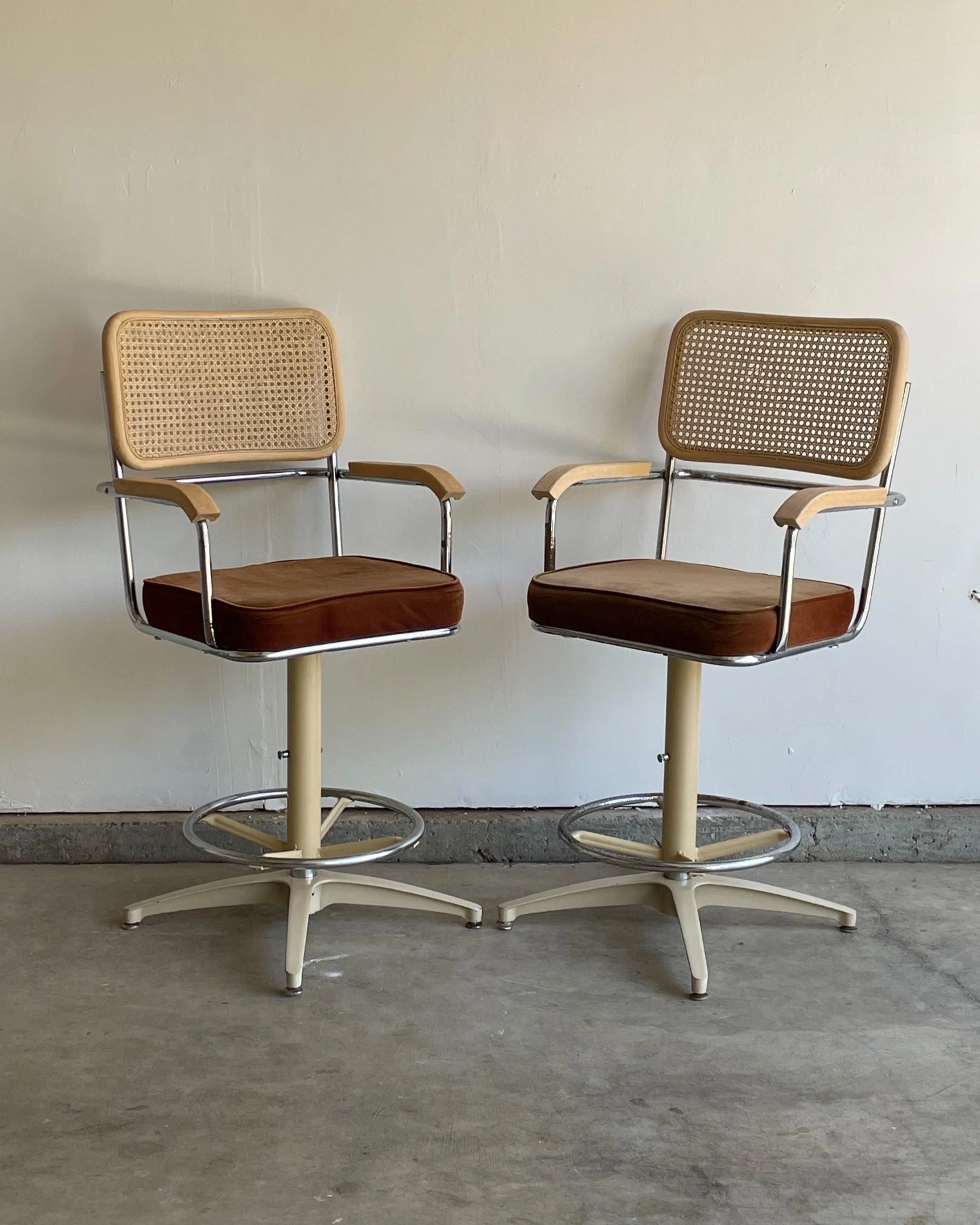 Vintage Cane and Chrome Brown Velvet Barstools