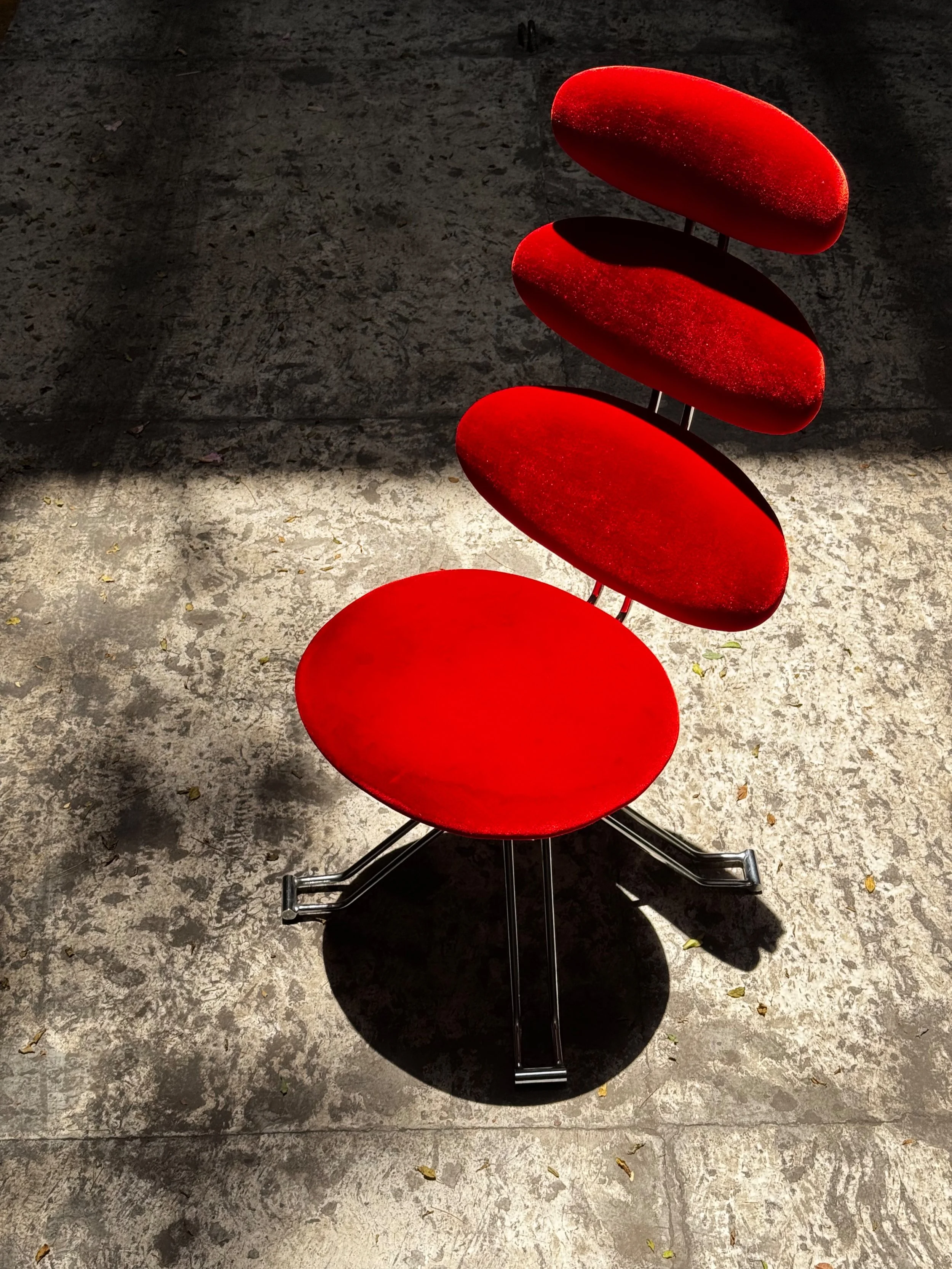 Vintage Poul Volther Style Chrome Swivel Chair in Vibrant Red Velvet