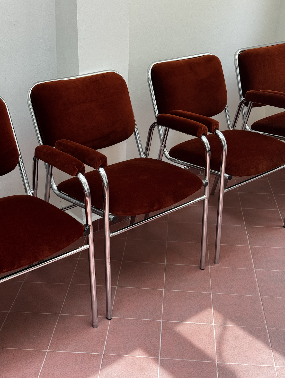 1970s Rust Velvet Chrome Cantilever Chairs (Set of 4)..png