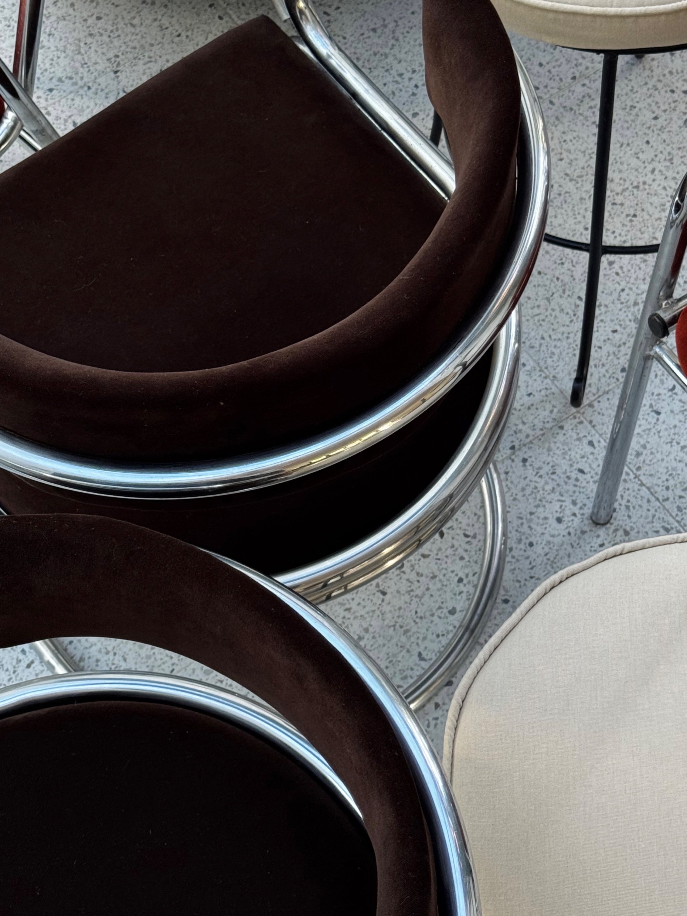 Vintage Chrome Cantilever Dining Chairs - newly restored in chocolate brown velvet (set of 6)..JPG