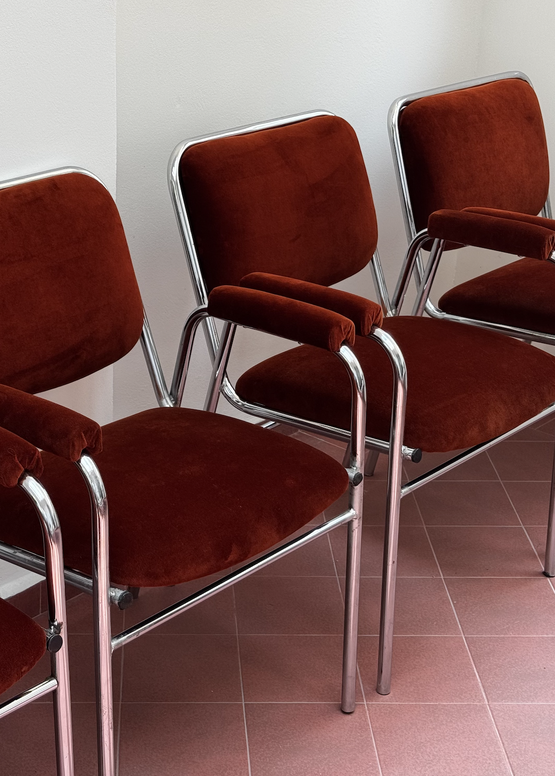 1970s Rust Velvet Chrome Cantilever Chairs (Set of 4).png