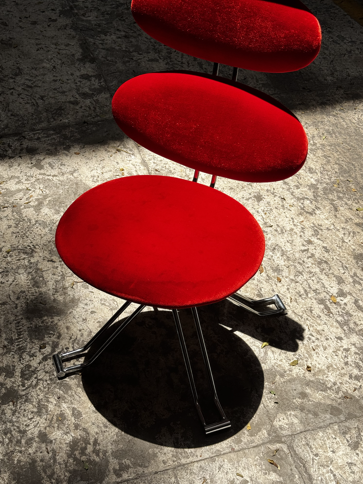 Vintage Poul Volther Style Chrome Swivel Chair in Vibrant Red Velvet...png