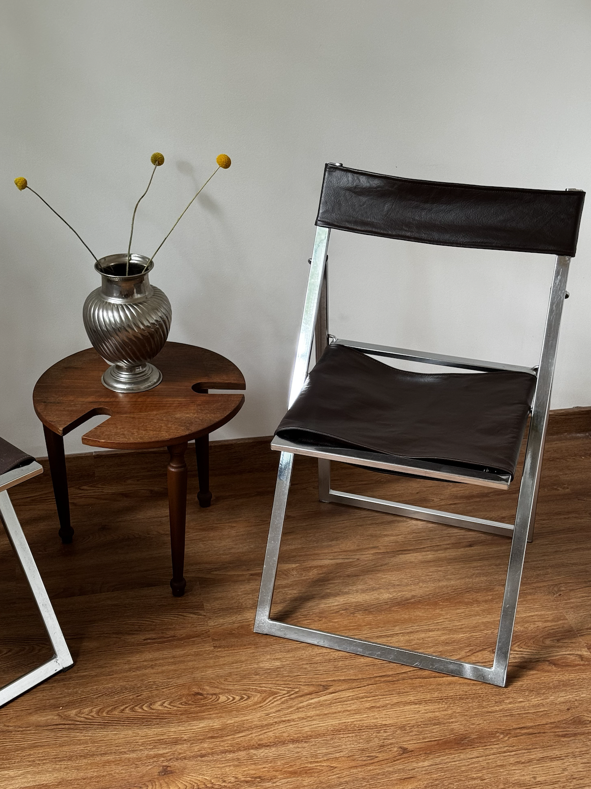 Vintage Chrome Folding Chairs - a set of two in newly restored brown genuine leather....png