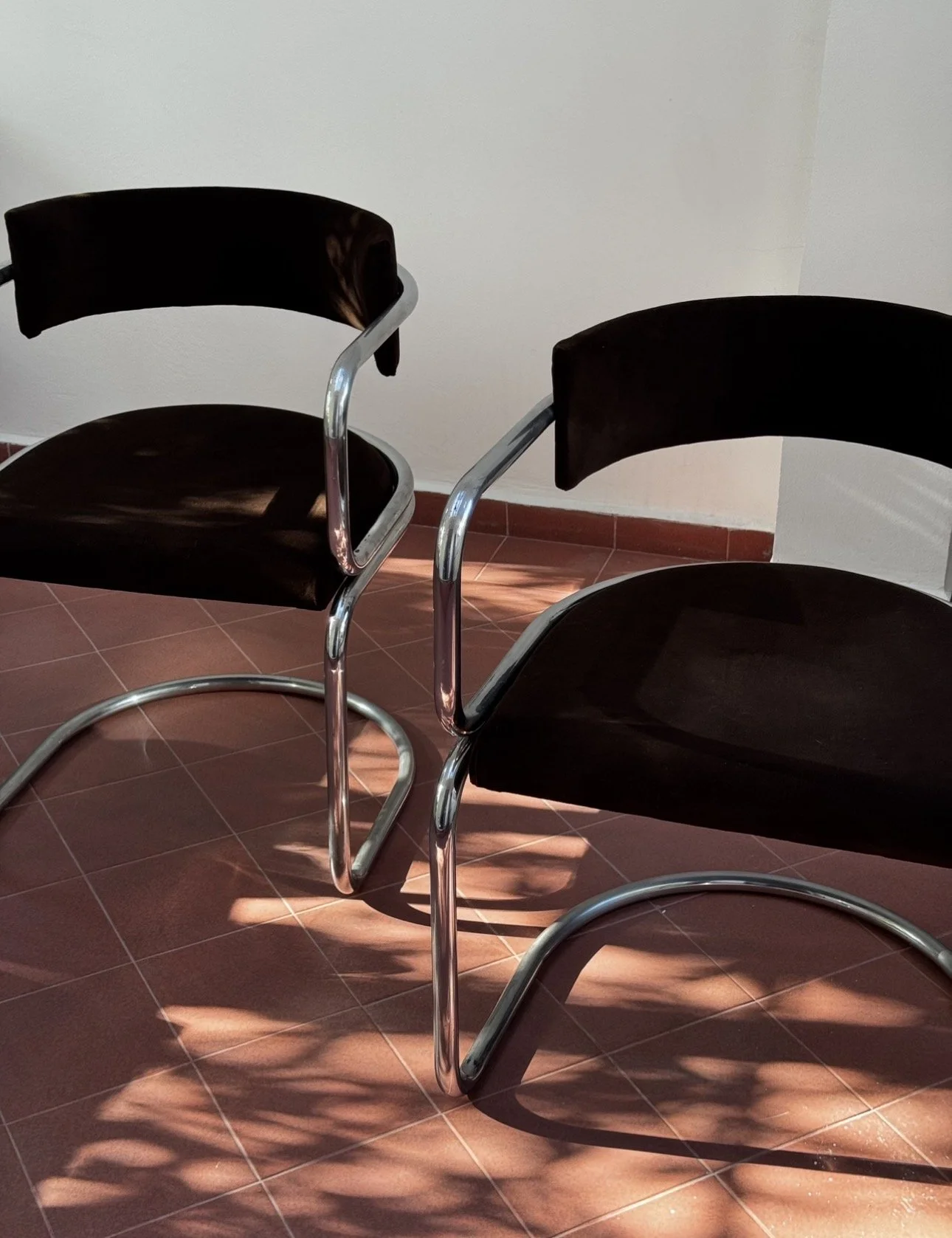 Vintage Chrome Cantilever Dining Chairs - newly restored in chocolate brown velvet (set of 6)....jpg