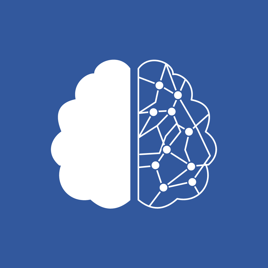 white representation of a brain on a blue background