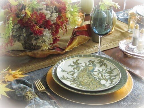 Fall Peacock Table with Japanese Maple Leaves