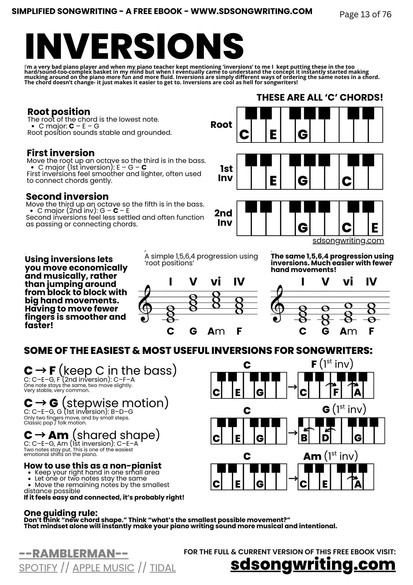 One page in black and white reference guide describing inversions and how to use them for songwriters C major examples excerpt from the ebook Simplified Songwriting