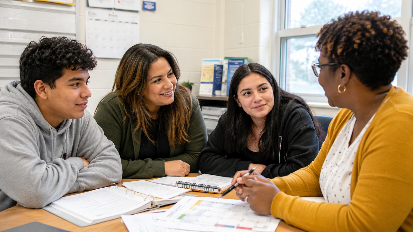 People around a table with paperwork interacting