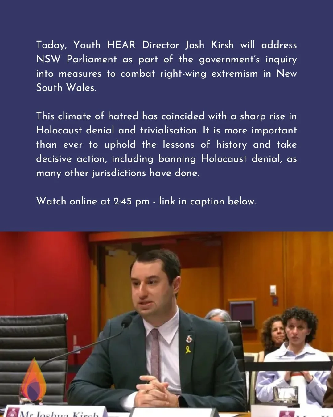 Today at 2:45 pm AEDT, Youth HEAR will have a representative speaking at the NSW Parliamentary Enquiry into the rise of right-wing extremism. 

Support us in person or by watching the official livestream online.

Join us at the link below: https://po