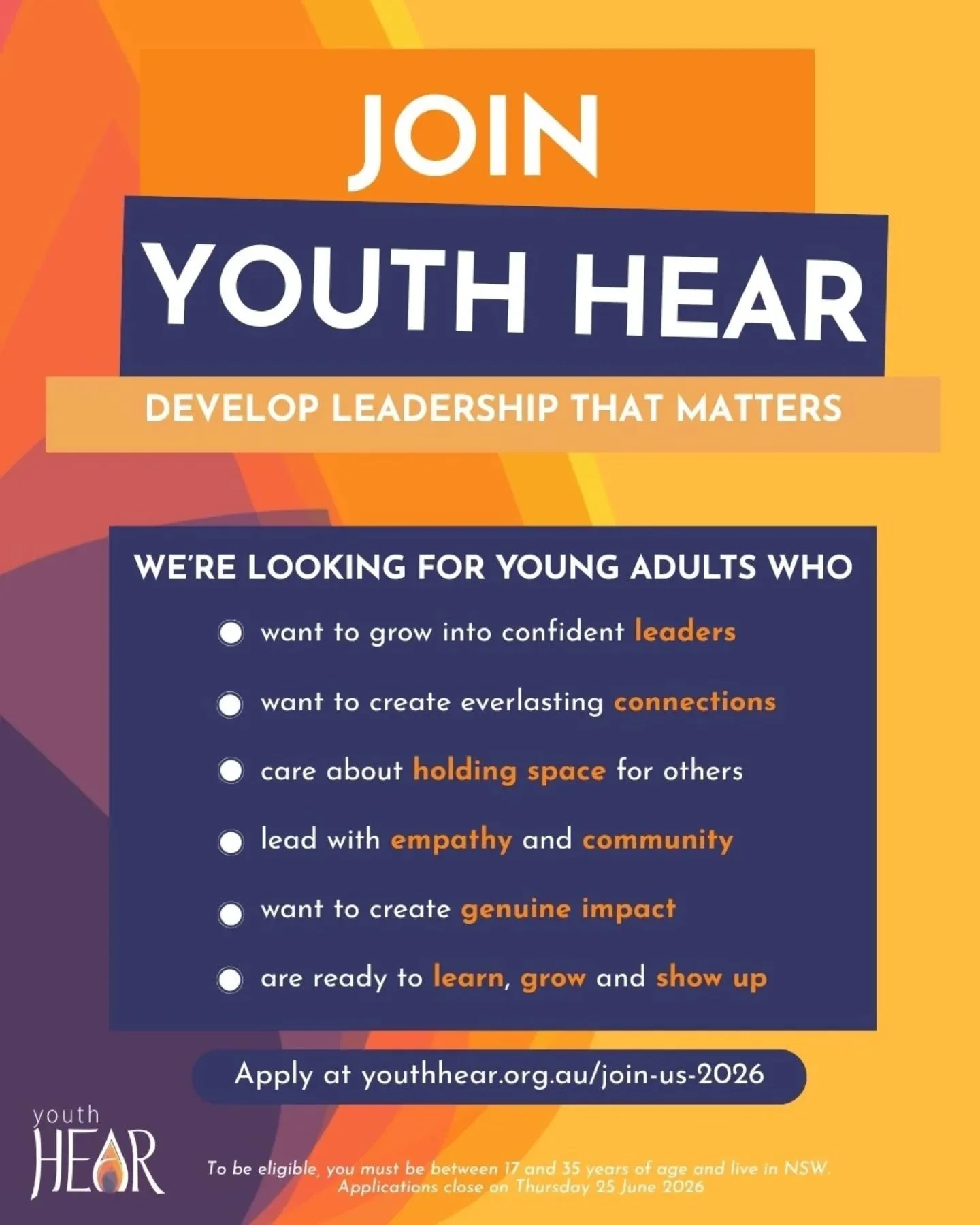 Applications to volunteer with Youth HEAR are OPEN! 

See the link in bio or visit youthhear.org.au/join-us-2026.
 
To be eligible to apply, you must be between 17 and 35 years of age and live in NSW. Applications close on Thursday 25 June.