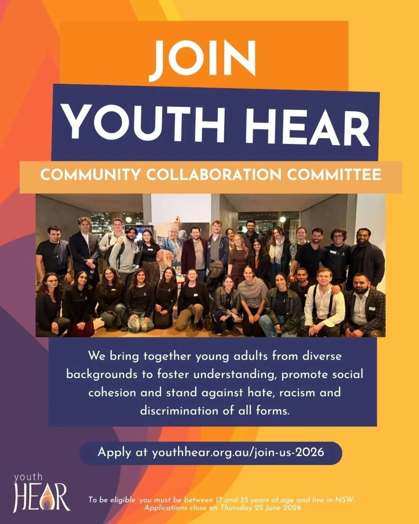 Applications to volunteer with Youth HEAR are OPEN! 

See the link in bio or visit youthhear.org.au/join-us-2026.
 
To be eligible to apply, you must be between 17 and 35 years of age and live in NSW. Applications close on Thursday 25 June.