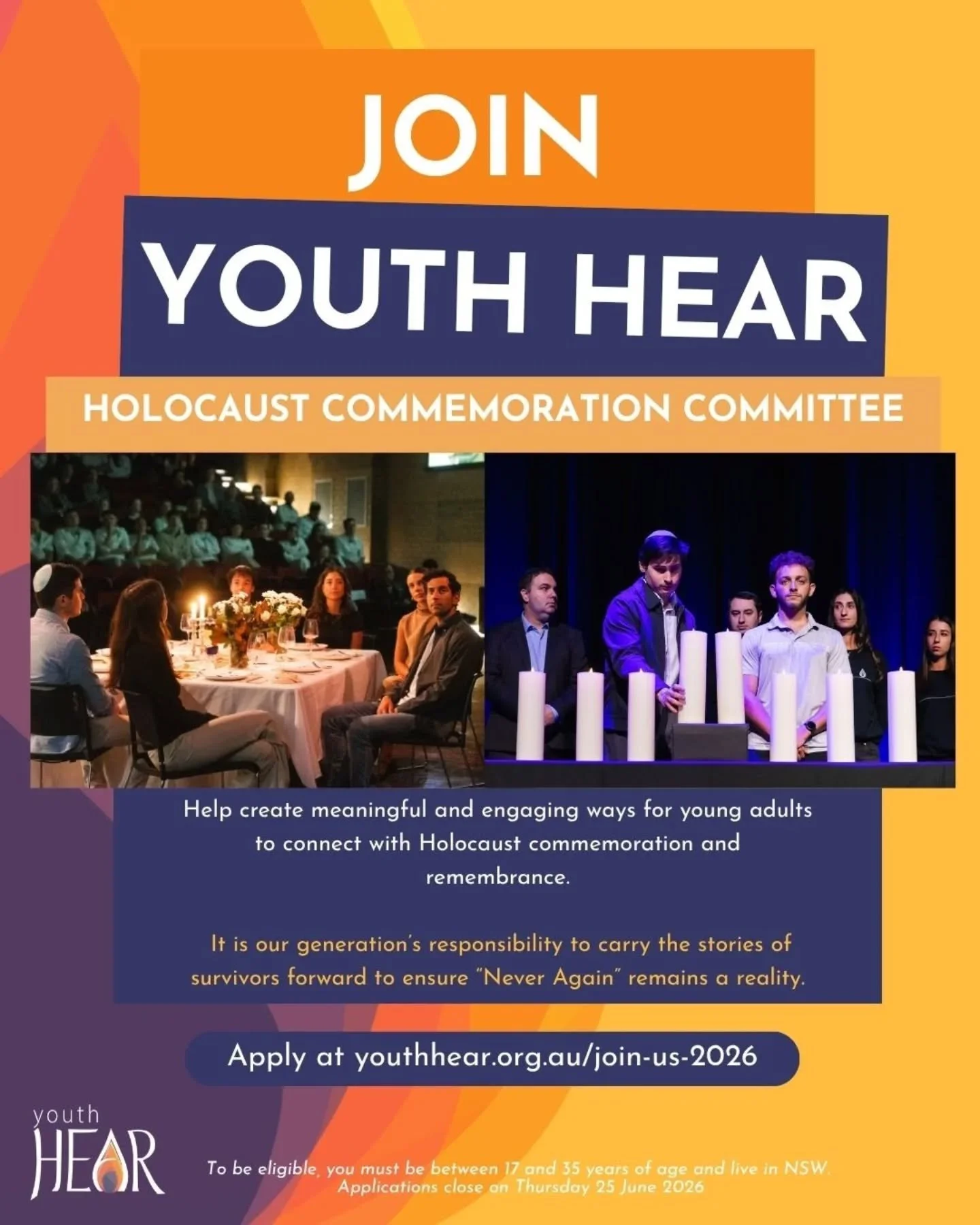 Applications to volunteer with Youth HEAR are OPEN! 

See the link in bio or visit youthhear.org.au/join-us-2026.
 
To be eligible to apply, you must be between 17 and 35 years of age and live in NSW. Applications close on Thursday 25 June.