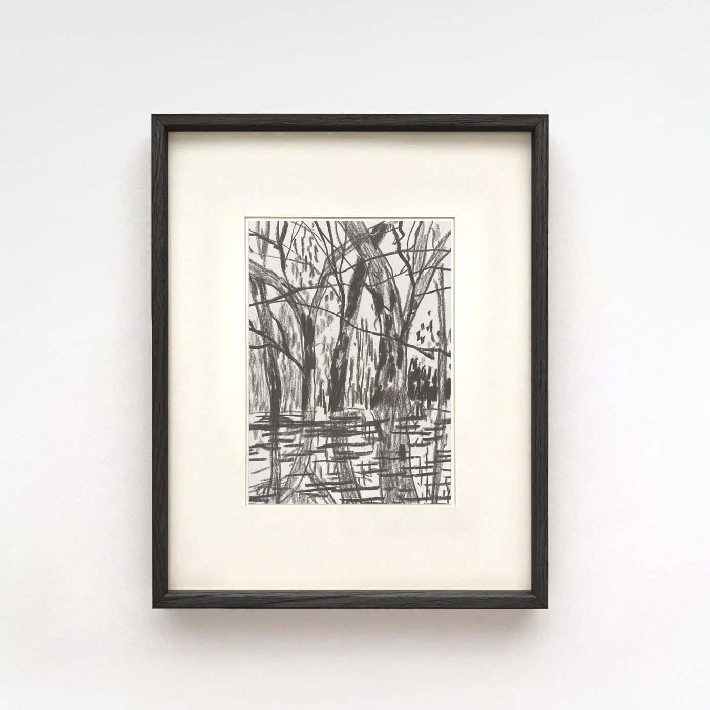 'Winter Trees Reflected in Water'  Miserden, graphite on paper, 2026