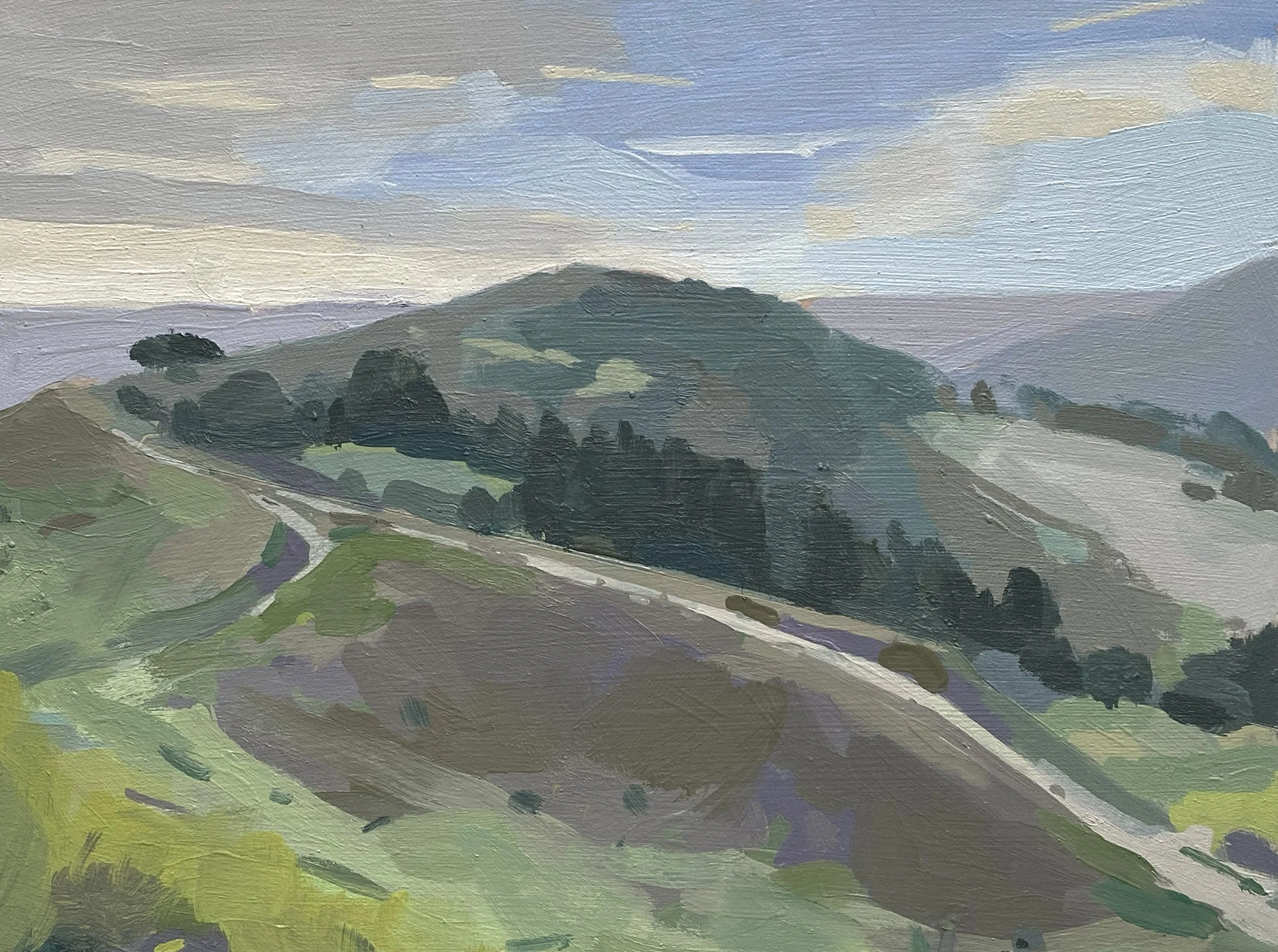 ‘View from Kimsbury Camp’ Painswick, oil on panel, 2024