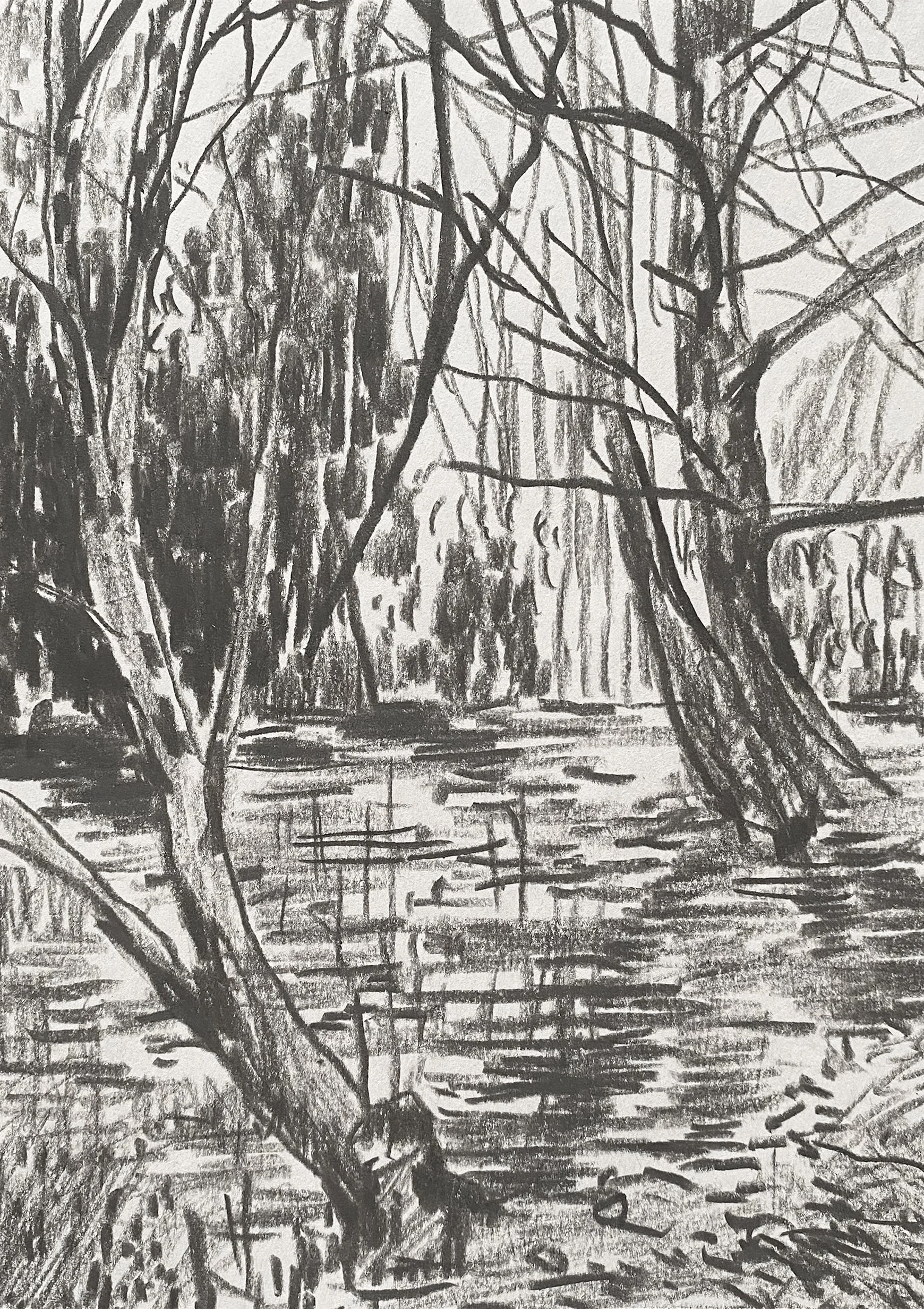 'Winter Reflections I'  Miserden, graphite on paper, 2026