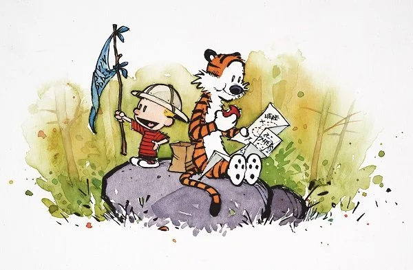 Comic strip from Calvin and Hobbes. Calvin and Hobbes sit on a rock. Calvin holds up a makeshift flag, while Hobbes snacks and reads a map.