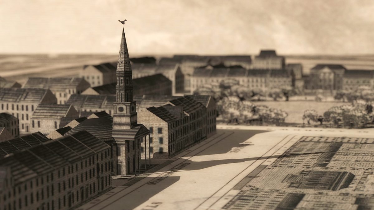 Screenshot from the intro sequence of the BBC Scotland documentary 'New Town'. Model-like, sepia-toned illustration of grand buildings along a broad promenade and adjoining courtyard.