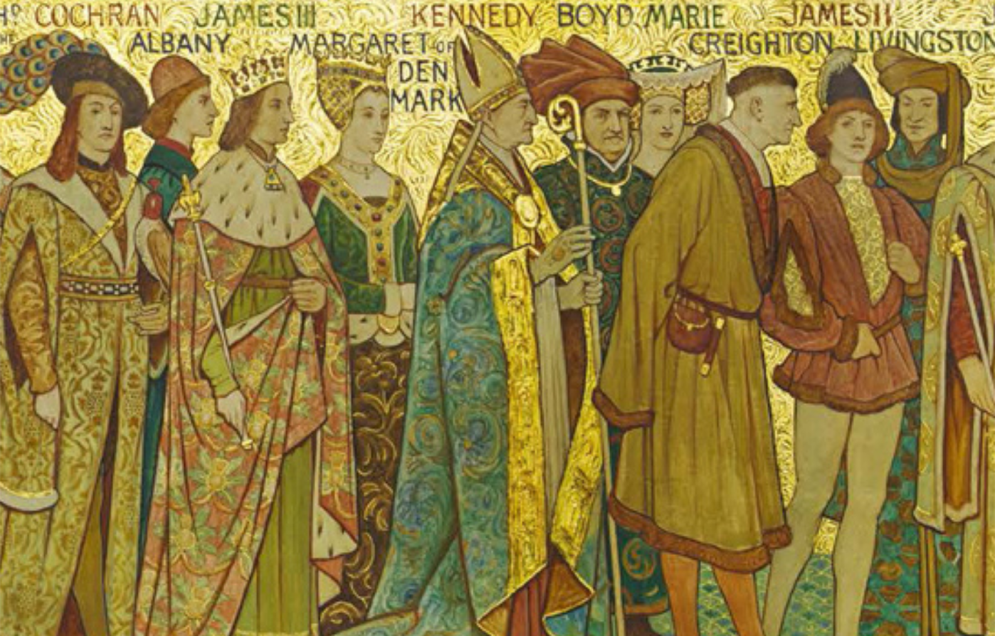 A procession of late medieval Scottish lords and church figures on a golden frieze from the National Portrait Gallery in Edinburgh.