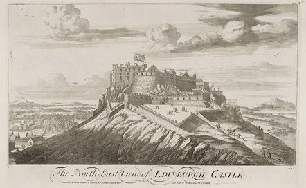 An old illustration by John Slezer in light sepia tones showing Edinburgh Castle from the east, perched on its rocky crag with the city of Edinburgh below it.