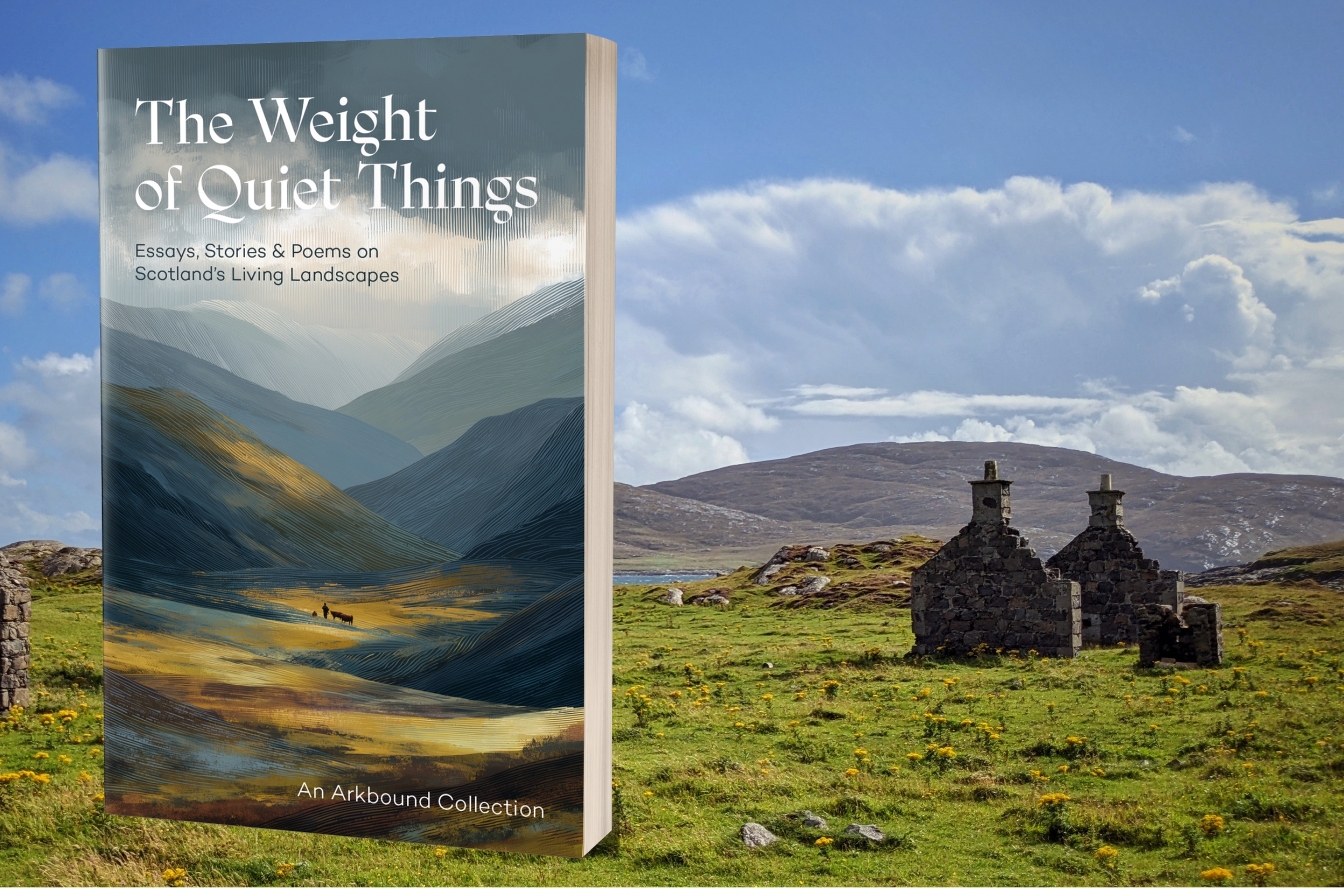 A book with a sunlit glen landscape is superimposed over an island landscape with ruinous stone buildings in the foreground.