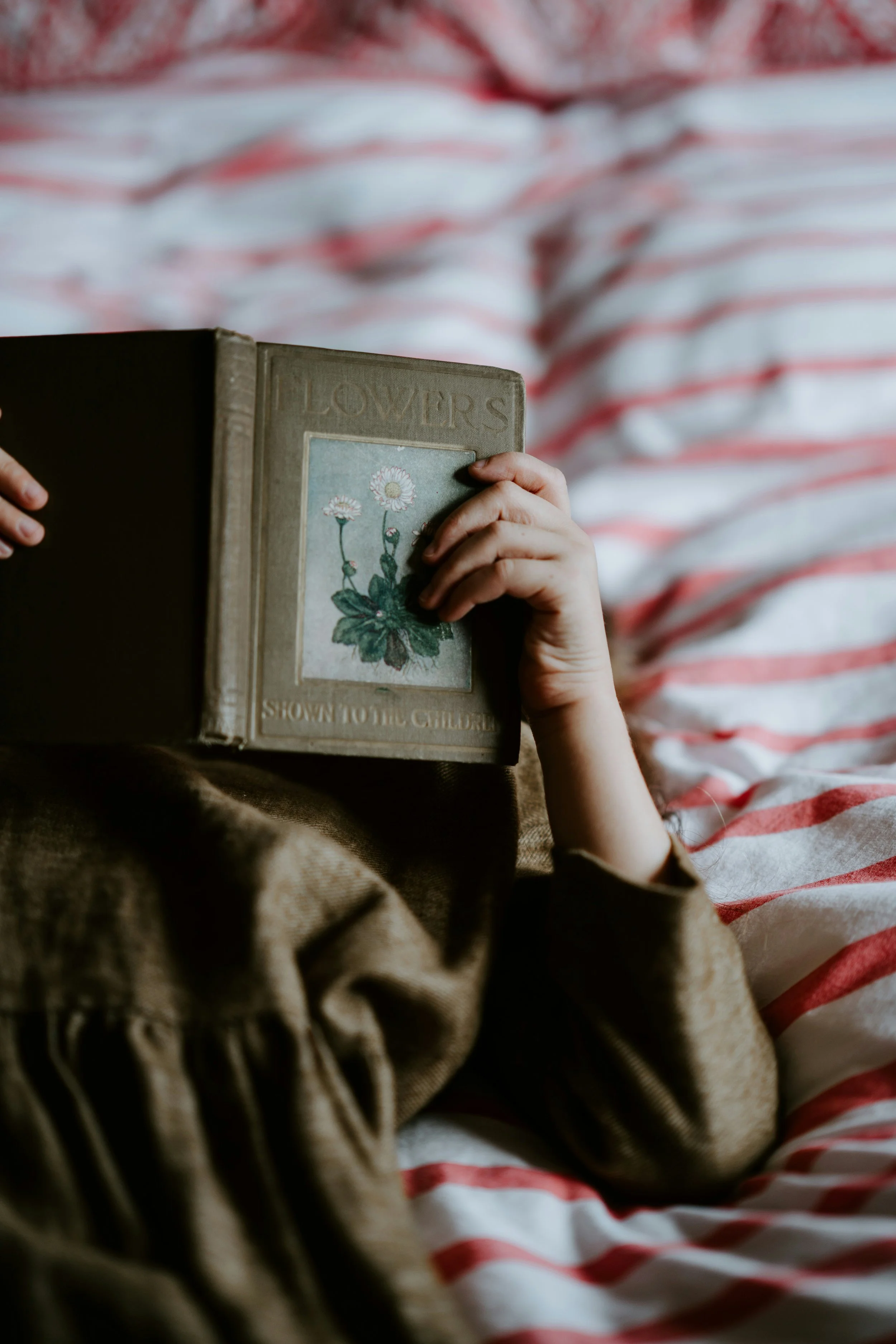 Child lying on bed reading a book titled 'Flowers' with an illustration of a flower on the cover, wearing a brown jacket and red and white striped pajamas.