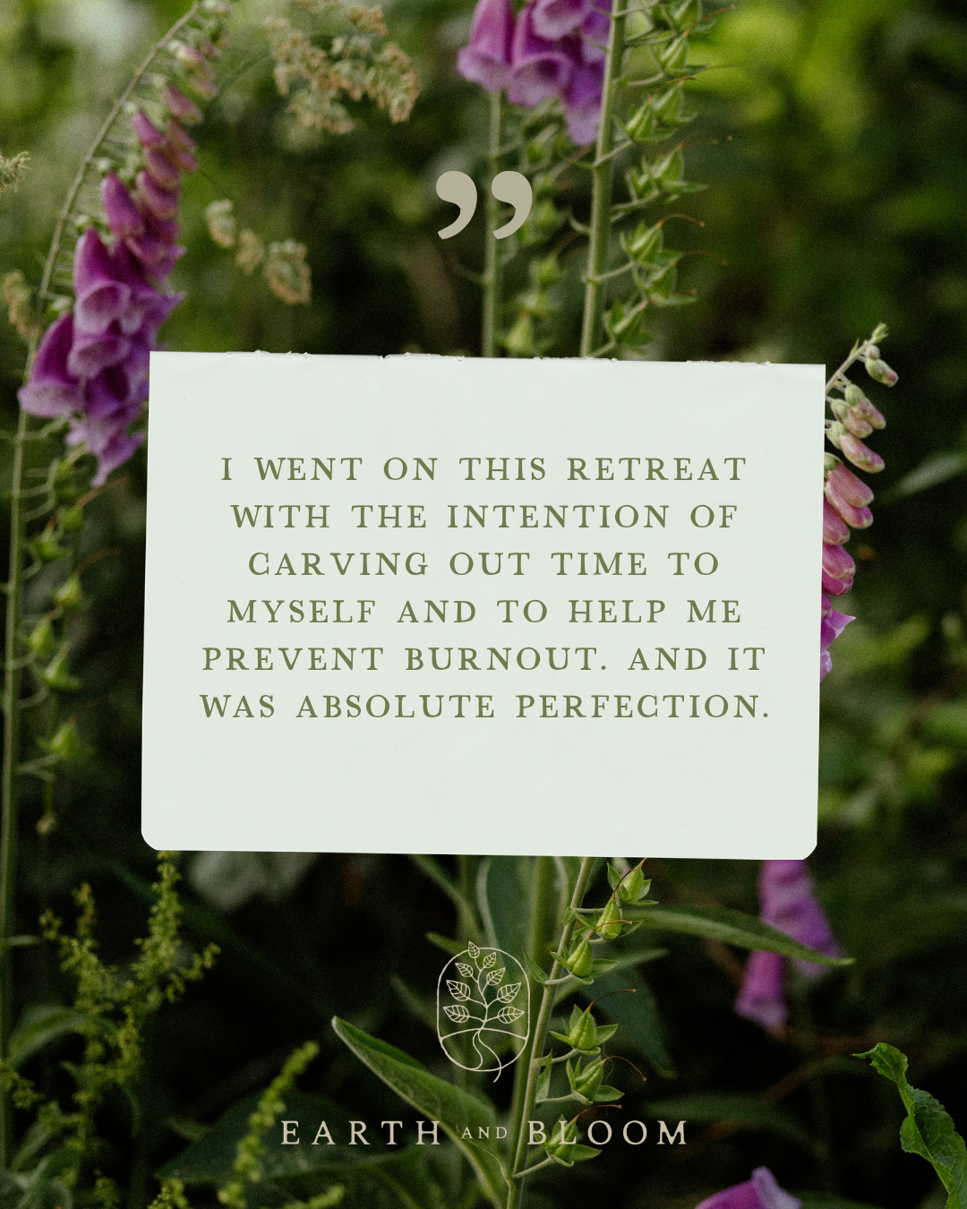A white card with green text placed among outdoor purple flowers and green foliage, with the logo and text 'Earth and Bloom' at the bottom.