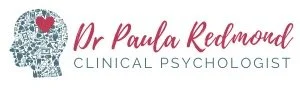 Logo for Dr. Paula Redmond, Clinical Psychologist, featuring pink and gray text with a heart and brain illustration.