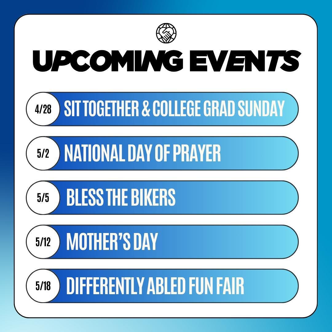 Exciting times ahead at Koinonia! Mark your calendars for these upcoming events:

🗓️ April 28 - Sit Together Sunday &amp; College Graduation (12 pm Encounter)
🗓️ May 2 - National Day of Prayer
🗓️ May 5 - Bless the Bikers
🗓️ May 12 - Mother's Day
