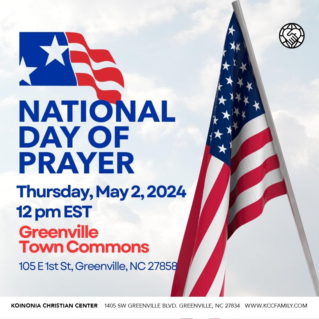 Greenville, NC, and surrounding cities, come join us for the National Day of Prayer observation next week, on May 2nd at 12 pm at the Greenville Town Commons. This special event will be a time of reflection, unity, and intercession for our city, coun