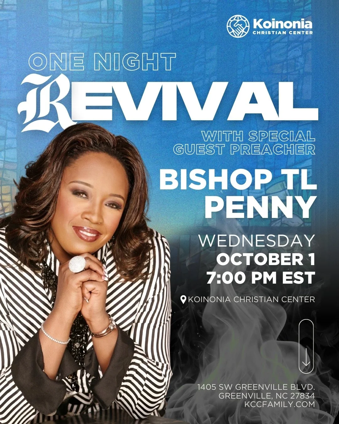 Hey Fam! TONIGHT is the night. Revival is here and we&rsquo;re looking forward to a powerful encounter with guest speaker Bishop T.L. Penny. Don&rsquo;t miss it, grab a friend or loved one and meet us in the sanctuary at 7:00pm. 

📍1405 Greenville B
