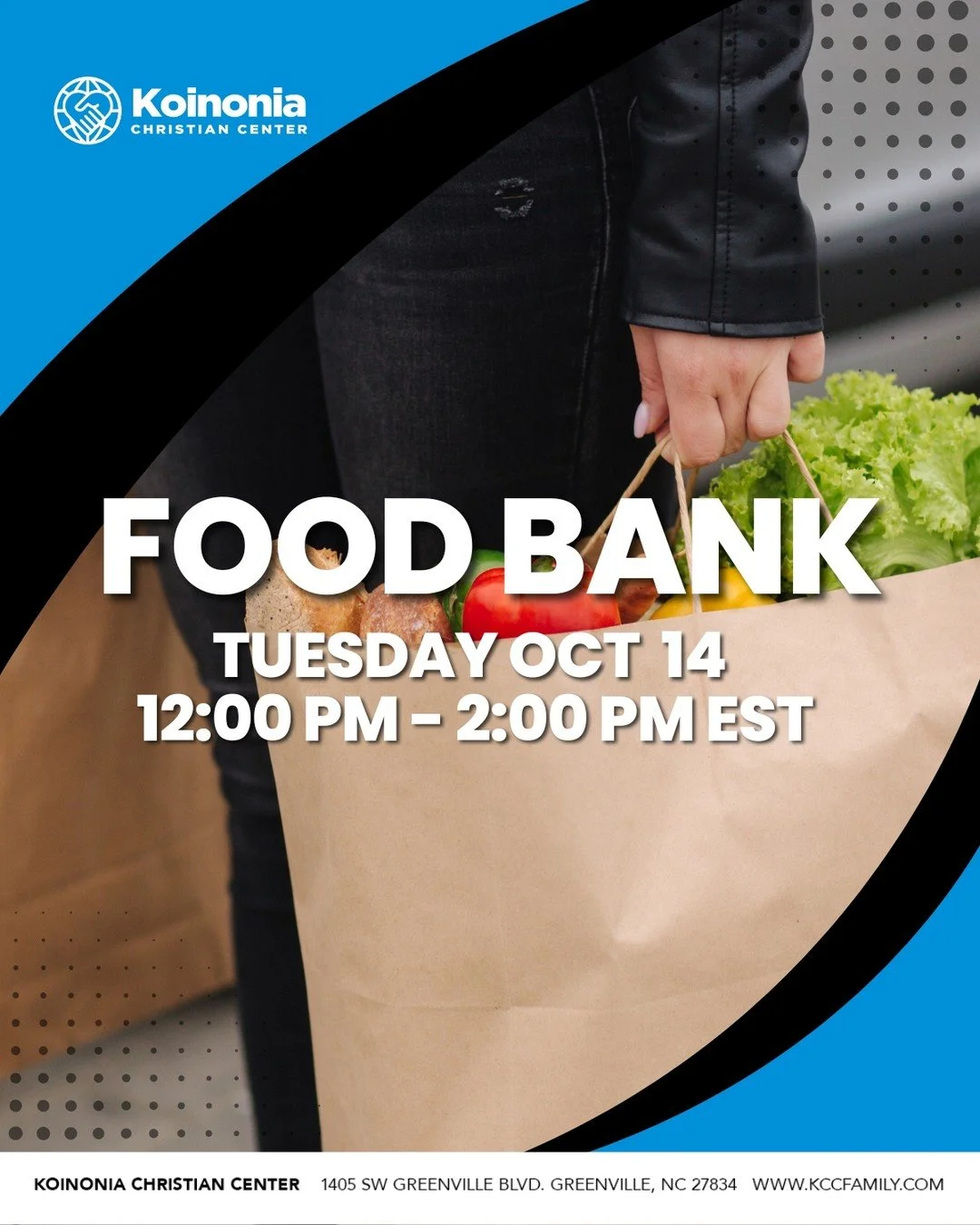 Tomorrow is a Food Bank day!

🗓️ Tuesday, October 14th
📍 Journey Building - on Koinonia Christian Center Campus (1375 SW Greenville Blvd - Greenville, NC 27834) 

▪️Car Line up Starts at 11:00 am
▪️The Food Bank will be open until everything is giv