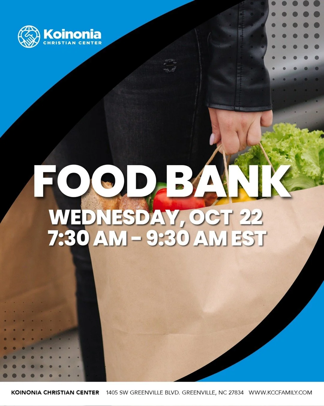 Community, tomorrow is a Food Bank day!

🗓️ October 22 from 7:30 am - 9:30 am
📍 Koinonia Christian Center Campus (1375 SW Greenville Blvd - Greenville, NC 27834

▪️The Food Bank will be open until everything is given out.
▪️Open Every 2nd Tuesday &