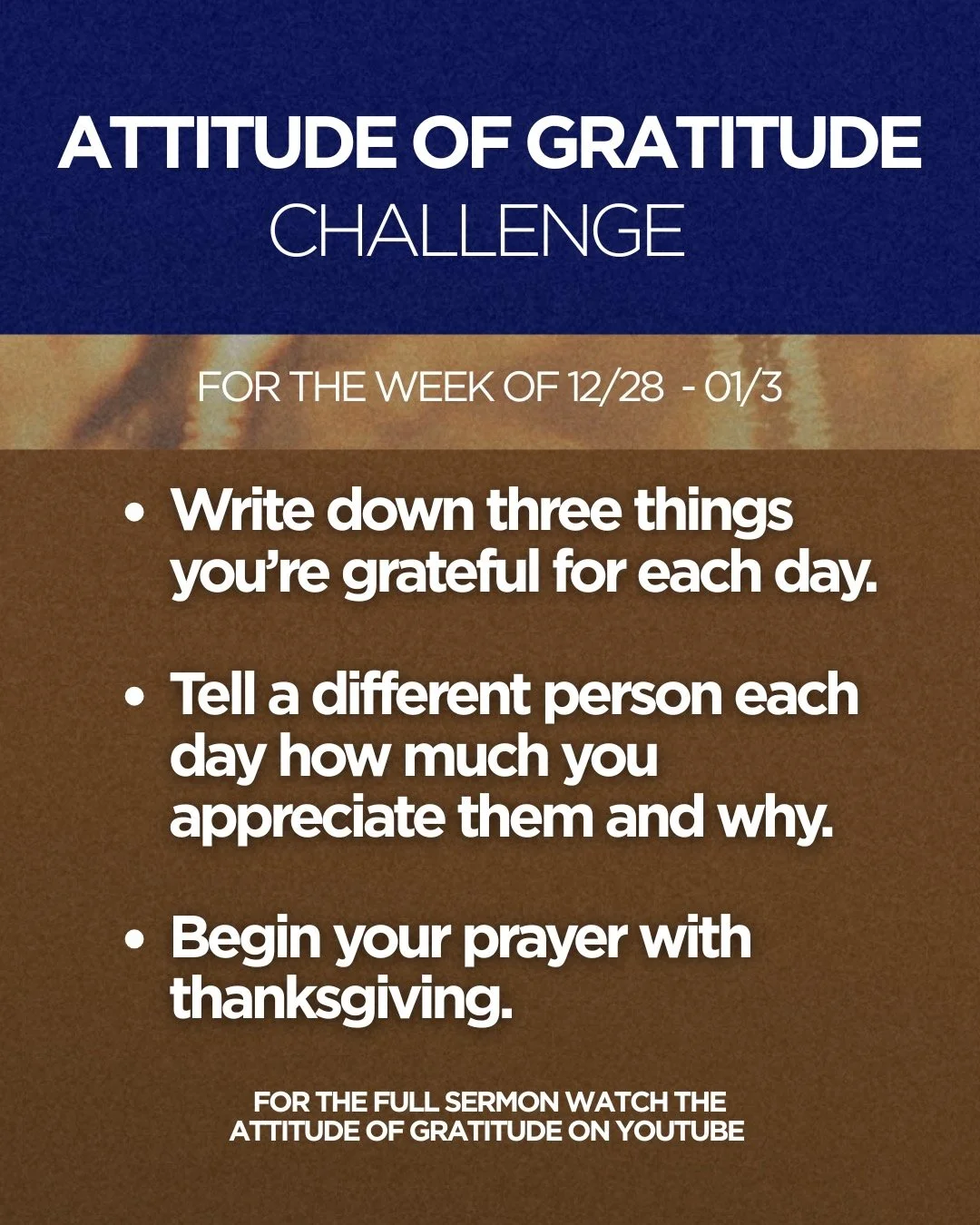We&rsquo;re walking into the new year with an attitude of #gratitude, be a part of our challenge this week as we intentionally take moments throughout the day to give thanks to God and those around us. 

Come back and let us know in the comments what