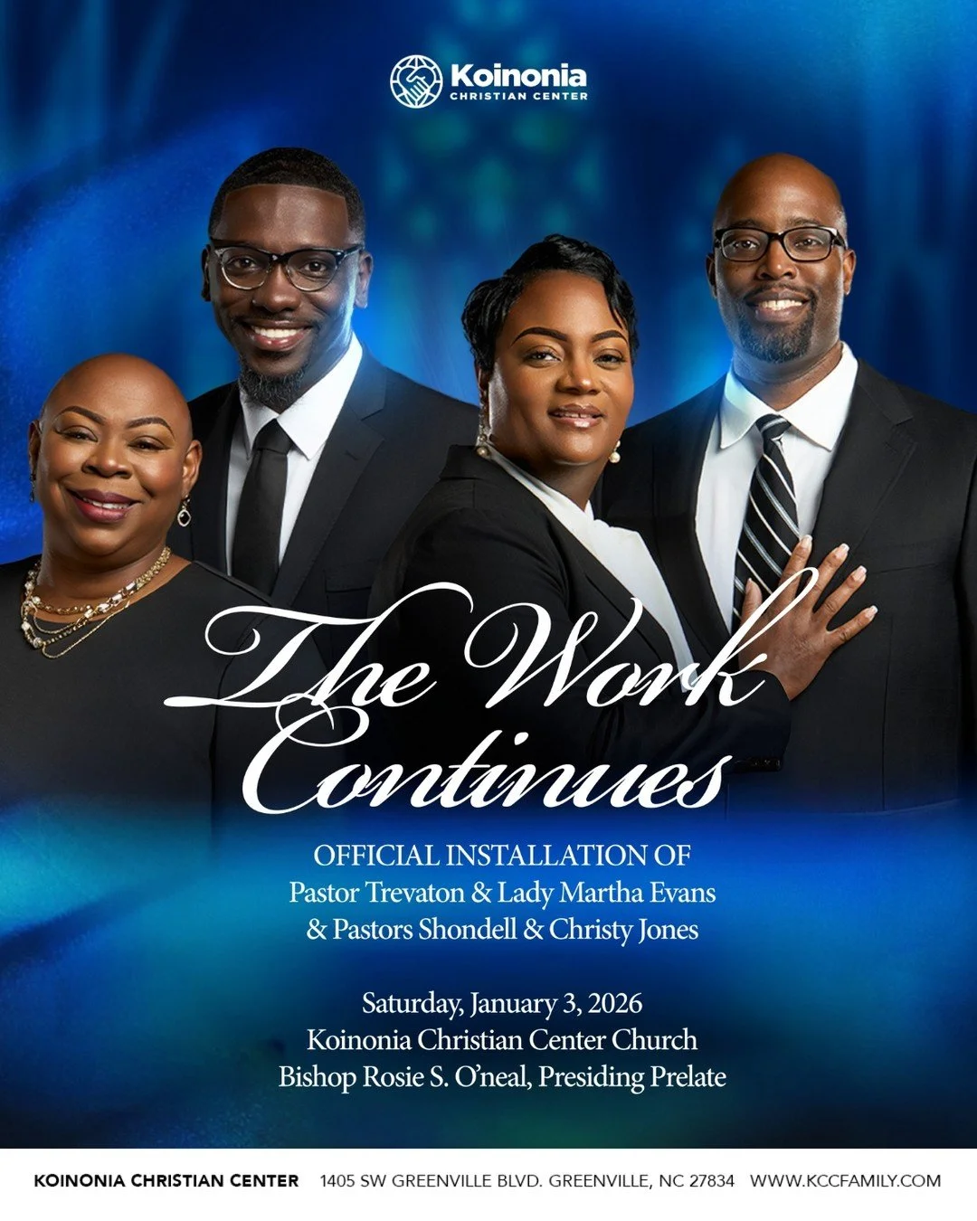 The phase may have changed but it&rsquo;s the same mission, the same mantle, and the same message. THE WORK CONTINUES

With full hearts, we invite you to join us as we officially install our new Senior Pastors, Trev and Lady Martha Evans, and our Exe