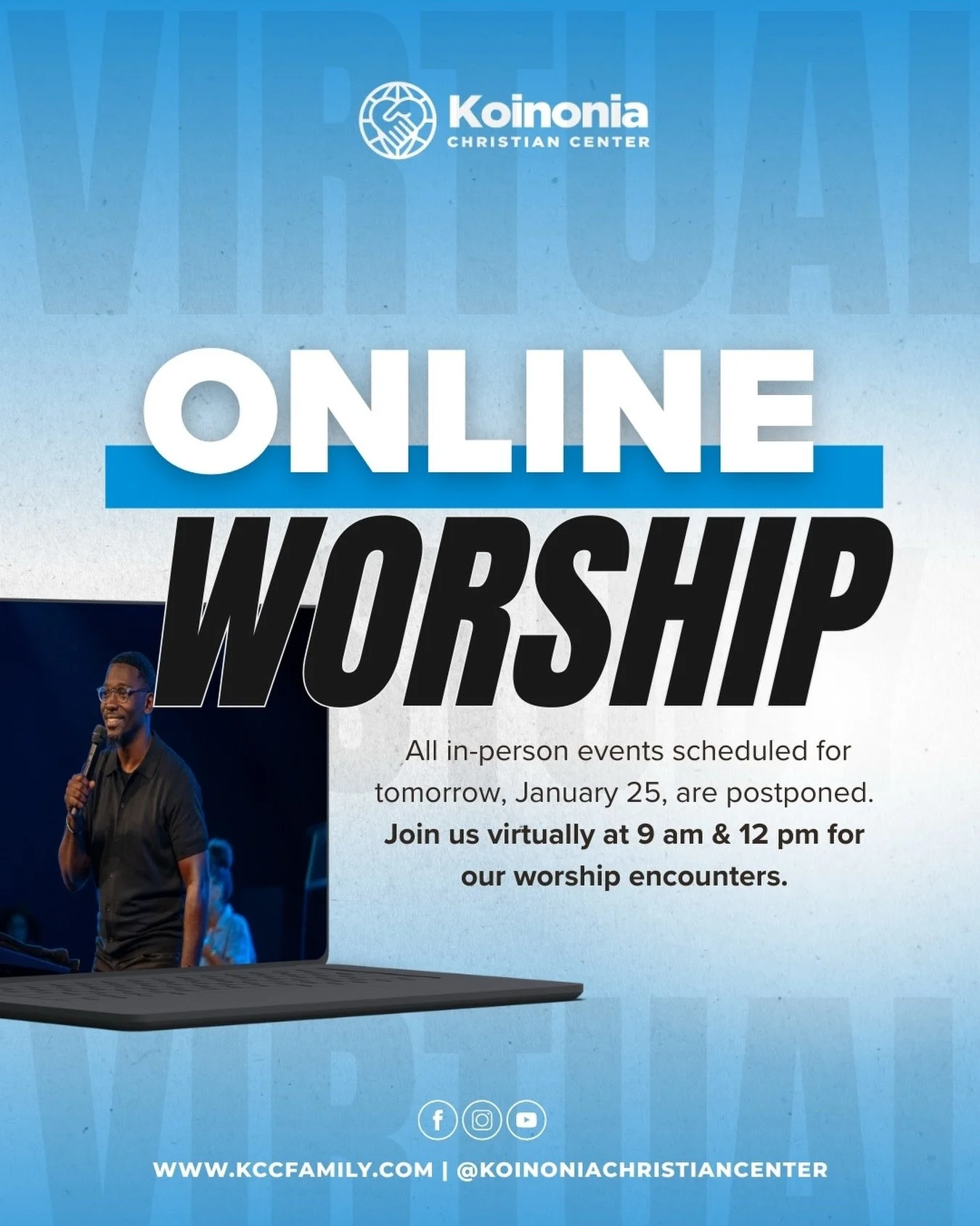 Due to the impending inclement weather forecast 🌧️❄️, we&rsquo;re moving our services completely online this weekend. All in-person events scheduled for tomorrow, January 25, are postponed. 

Let&rsquo;s make this weekend&rsquo;s virtual encounters 