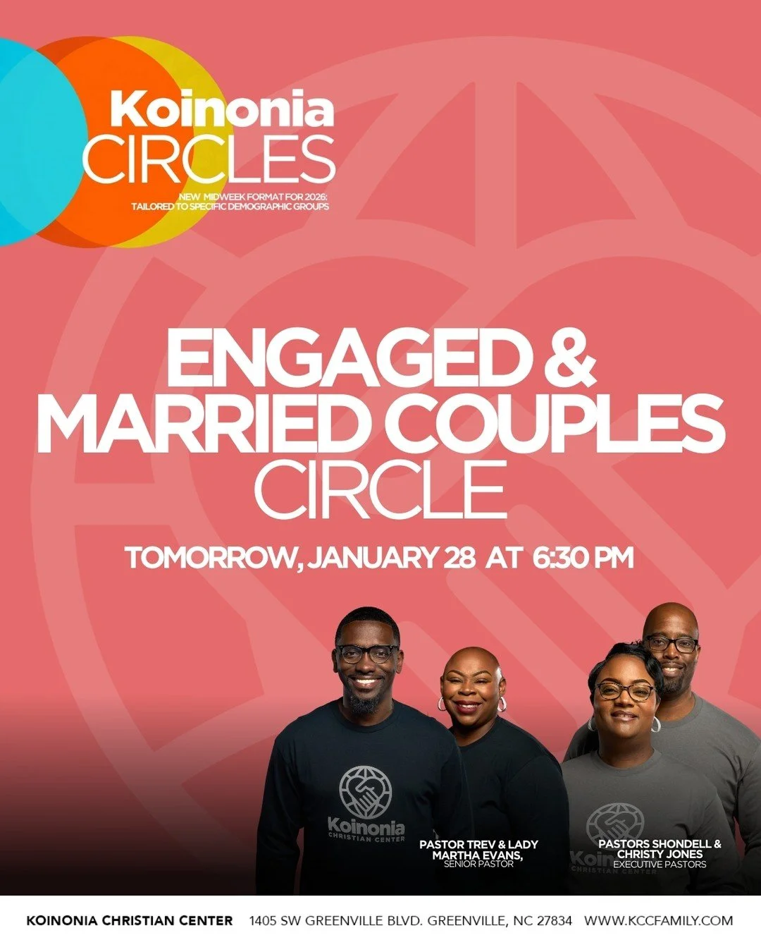 CALLING ALL ENGAGED &amp; MARRIED COUPLES 🎯

You're up next for an unforgettable night of fellowship and couple's connection at tomorrow's #KCCCircles gathering at 6:30pm. Invite a fellow engaged or married couple and come ready to have honest convo