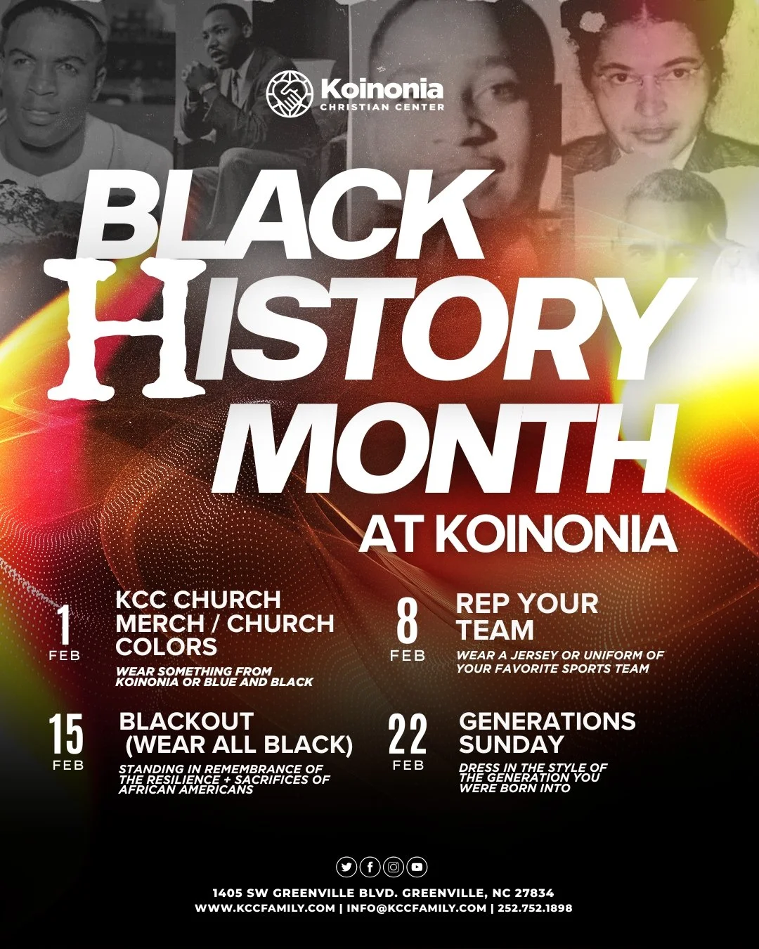 We&rsquo;re celebrating Black History Month with special themed worship encounters! ✊🏾💫

Check out the details, come decked out in your best fits each week, and be sure to invite someone to experience KCC with you.
#KingdomIdentity #GrowBuildServeS