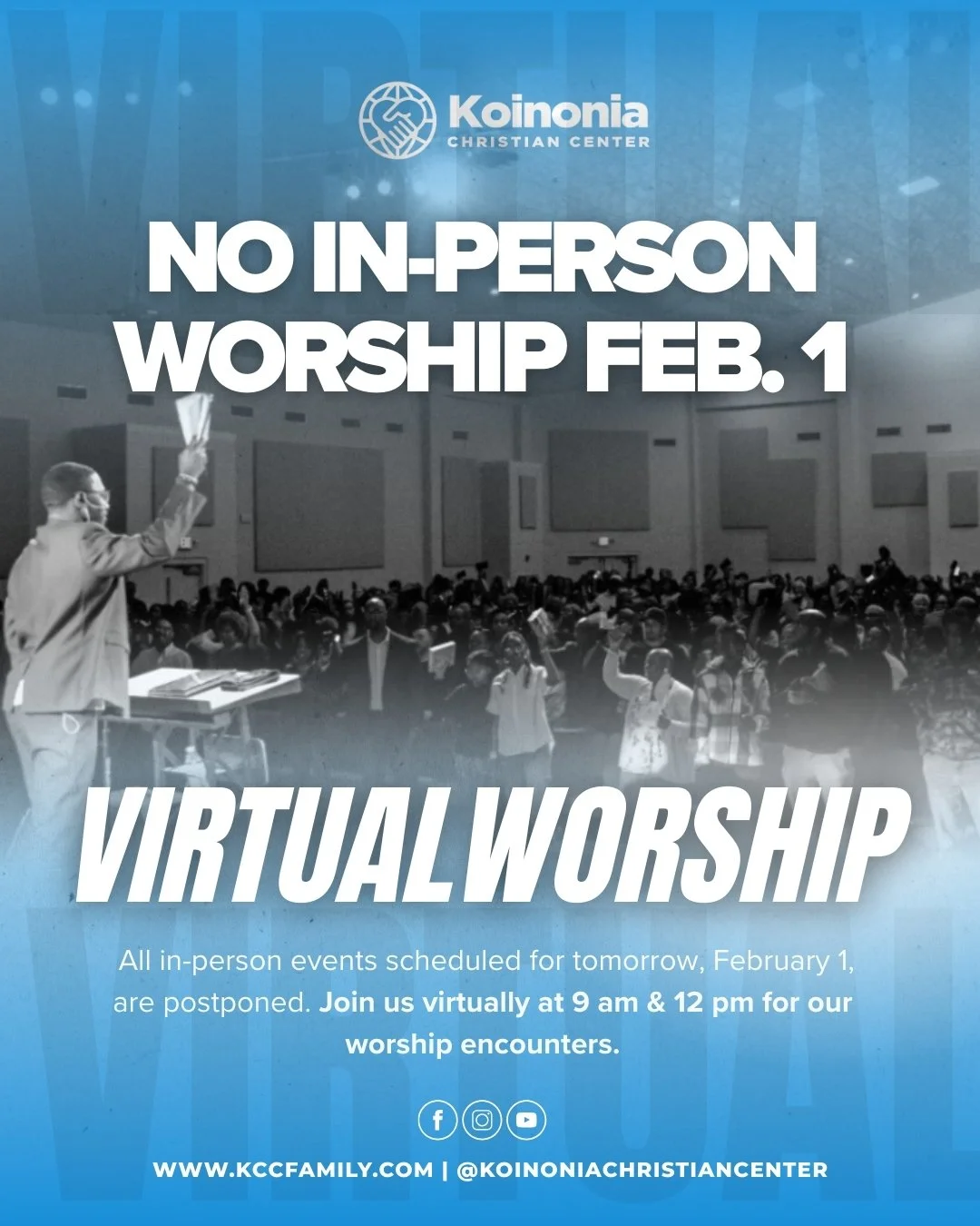 Due to the inclement weather 🌧️❄️, we&rsquo;re moving our services completely online this weekend. All in-person events scheduled for tomorrow, February 1, are postponed. 

Let&rsquo;s make this weekend&rsquo;s virtual encounters powerful! 💻 Join u
