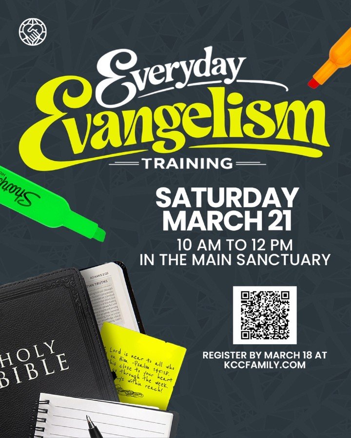 At KCC, we believe that #FoundPeopleFindPeople! Join us for Everyday Evangelism Training on Saturday, March 21st from 10am-12pm in the Sanctuary. Let&rsquo;s turn moments of prayer into moments of salvation as we equip you to share your testimony, de