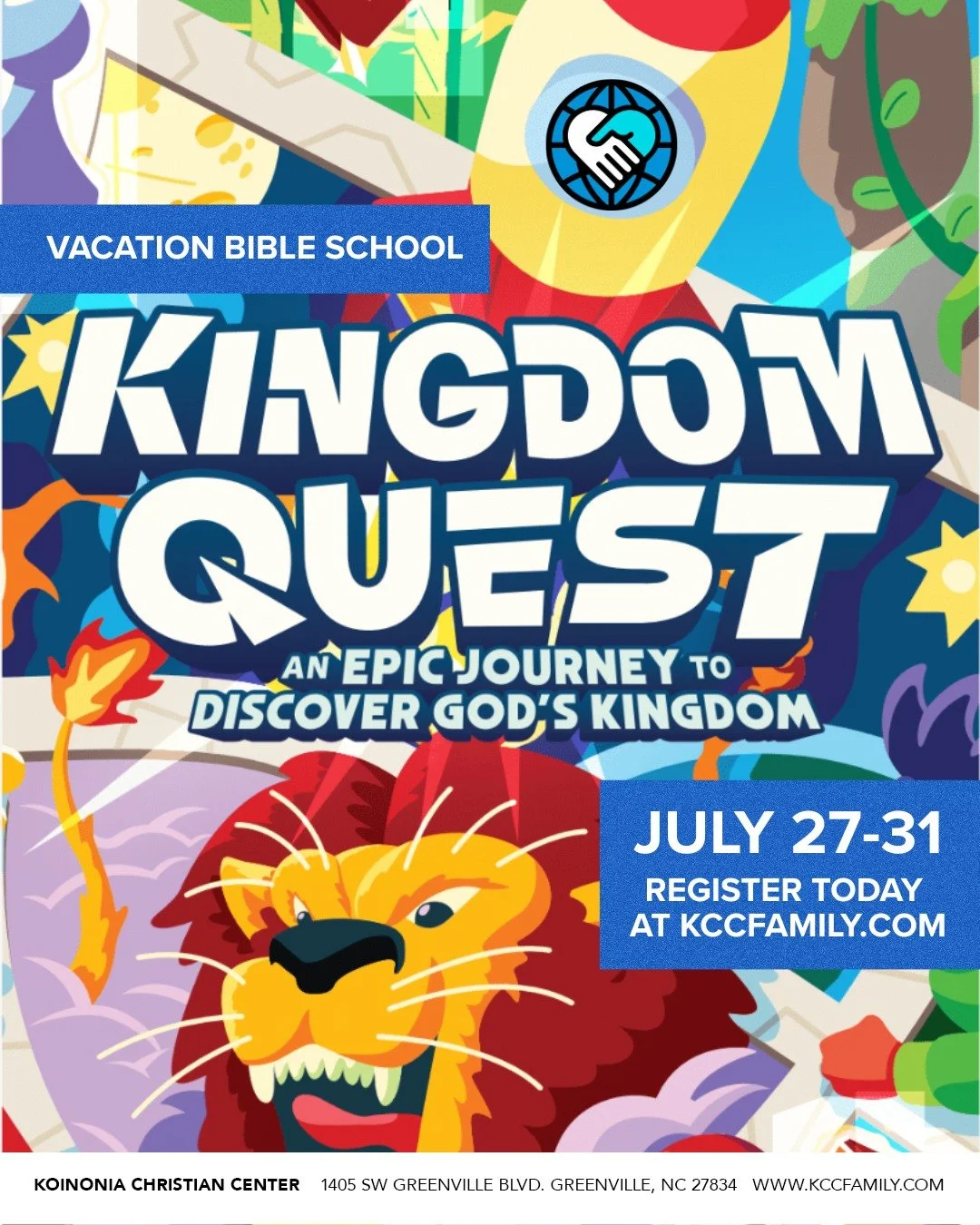 Get ready for an unforgettable adventure! Vacation Bible School 2026 is coming to Koinonia Christian Center, and this year&rsquo;s theme is Kingdom Quest: An Epic Journey to Discover God&rsquo;s Kingdom.

From Monday, July 27 through Friday, July 31,