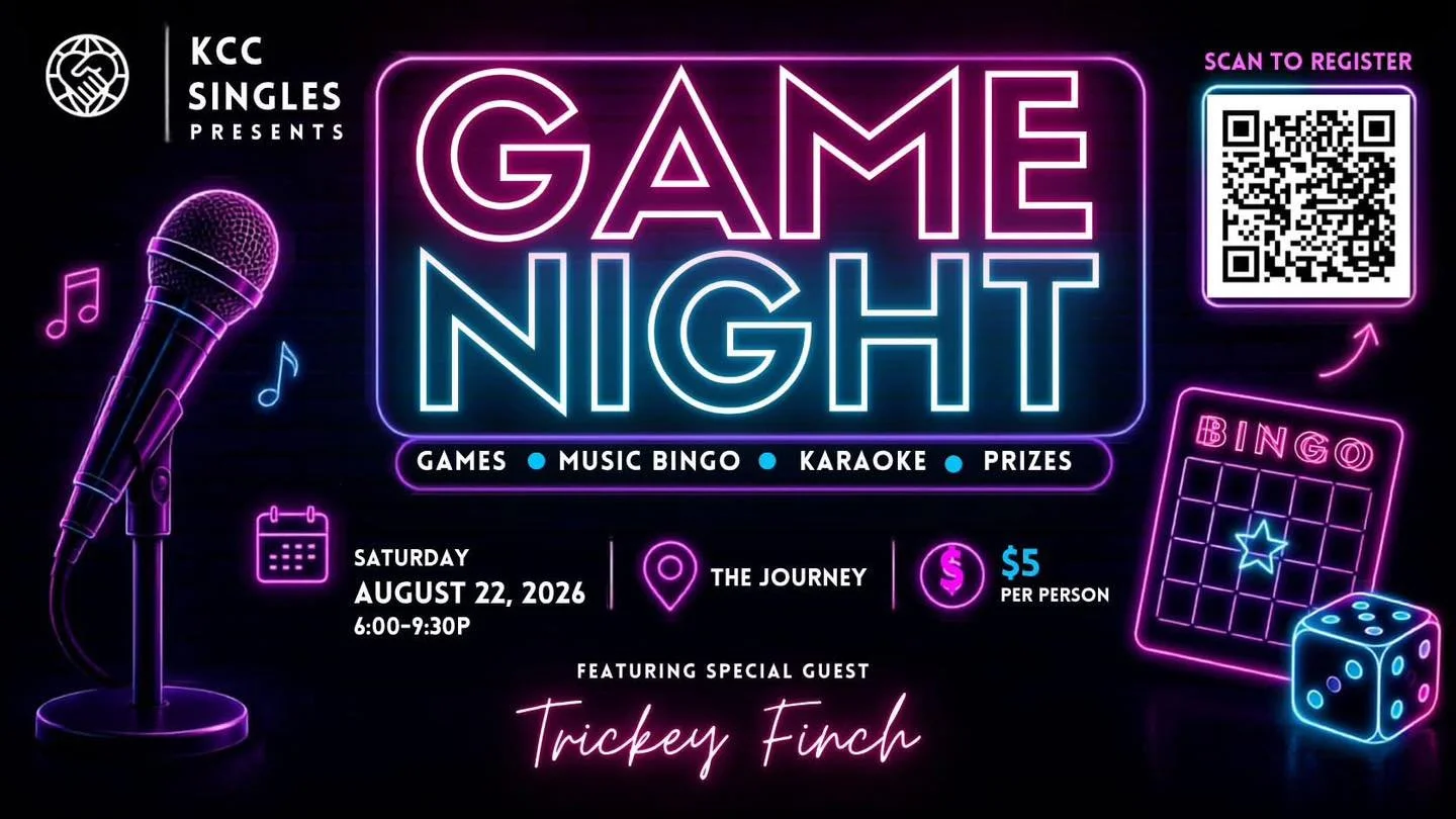 🎉 KCC SINGLES  GAME NIGHT! 🎉

Who&rsquo;s ready for a night of music, games, laughter, and new friendships? 🙌

📅 Saturday, August 22
⏰ 6:00&ndash;9:30 PM
📍 The Journey
💲 $5 per person

We&rsquo;re bringing in Flickey Finch for an evening of 🎶 