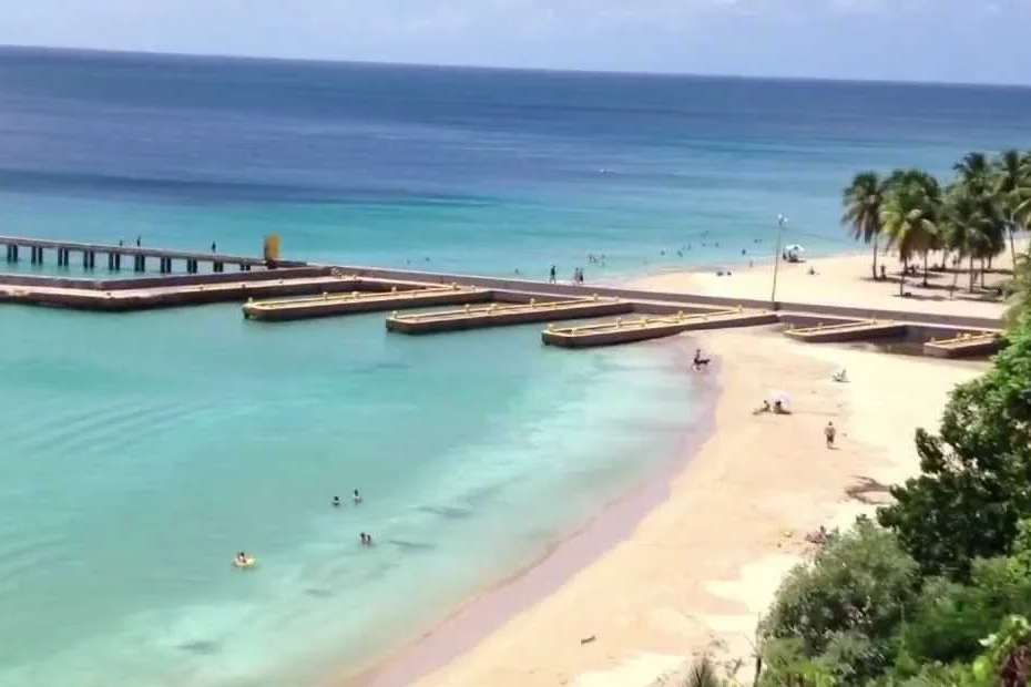 View of a beach with turquoise water, a pier, and a sandy shoreline lined with palm trees.